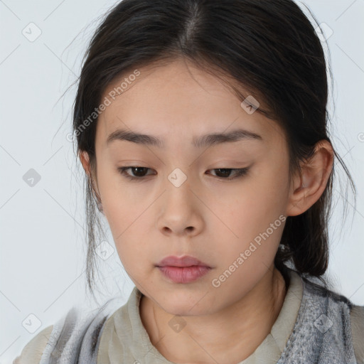 Neutral asian young-adult female with medium  brown hair and brown eyes