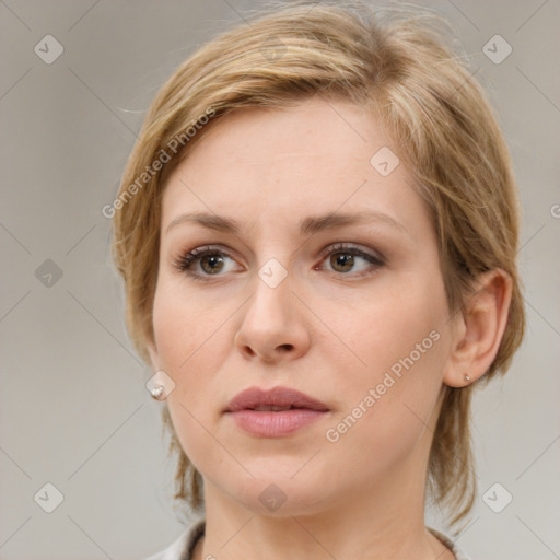 Neutral white young-adult female with medium  brown hair and grey eyes