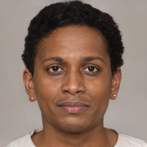 Neutral black young-adult female with short  brown hair and brown eyes