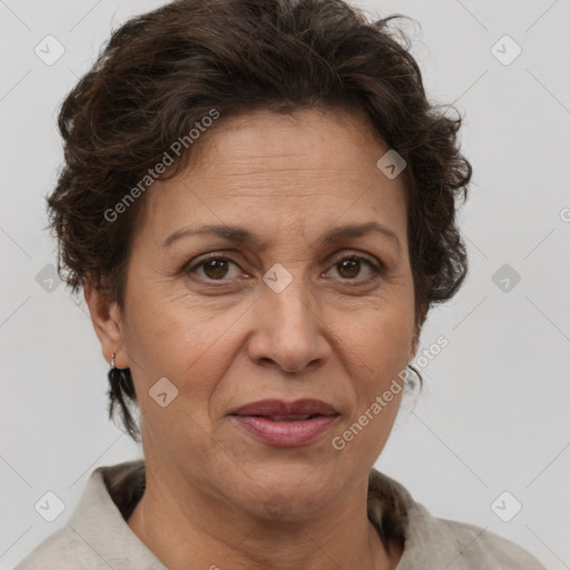 Joyful white adult female with short  brown hair and brown eyes