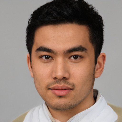 Neutral asian young-adult male with short  black hair and brown eyes