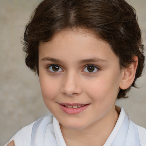 Joyful white child female with medium  brown hair and brown eyes