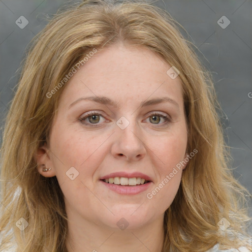 Joyful white adult female with medium  brown hair and grey eyes