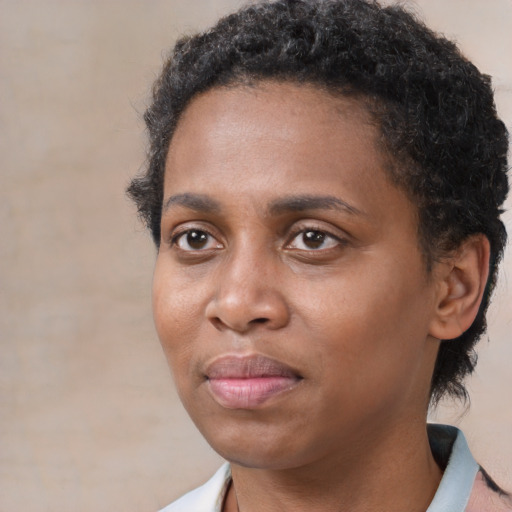 Joyful black young-adult male with short  brown hair and brown eyes