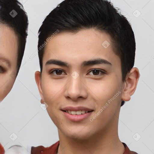 Joyful latino young-adult male with short  brown hair and brown eyes