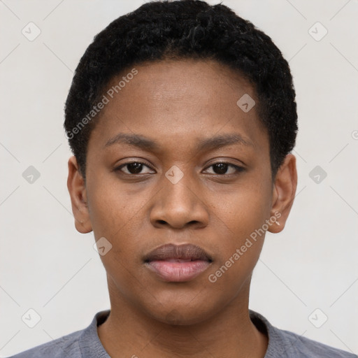 Neutral black young-adult female with short  black hair and brown eyes