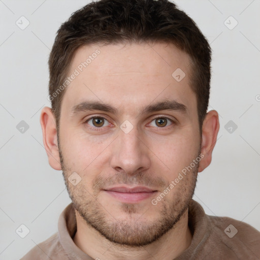 Joyful white young-adult male with short  brown hair and brown eyes