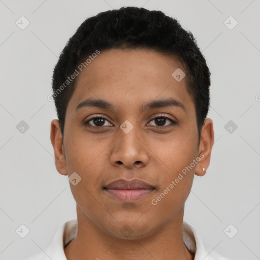 Neutral latino young-adult male with short  brown hair and brown eyes