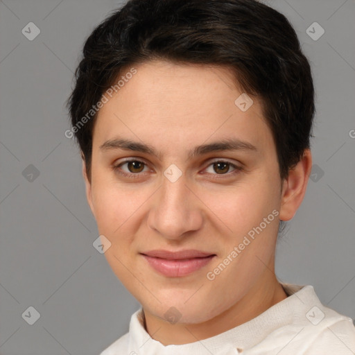 Joyful white young-adult female with short  brown hair and brown eyes