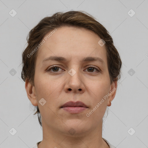 Neutral white adult female with short  brown hair and brown eyes