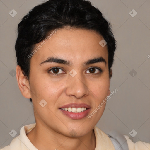 Joyful white young-adult female with short  brown hair and brown eyes