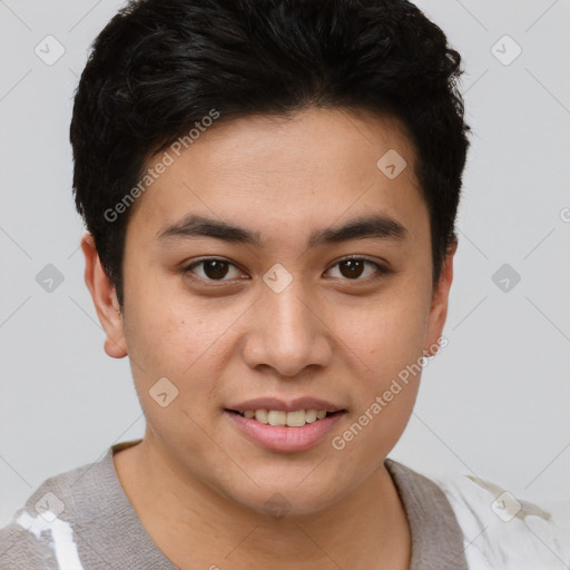 Joyful asian young-adult male with short  brown hair and brown eyes