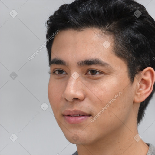 Neutral asian young-adult male with short  black hair and brown eyes