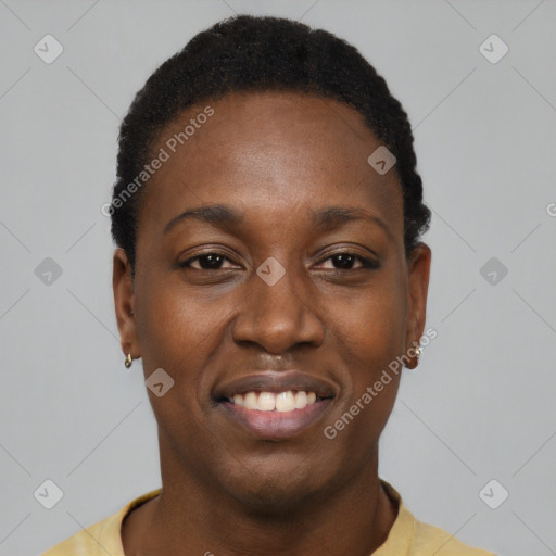 Joyful black young-adult female with short  black hair and brown eyes