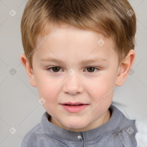 Joyful white child male with short  brown hair and brown eyes