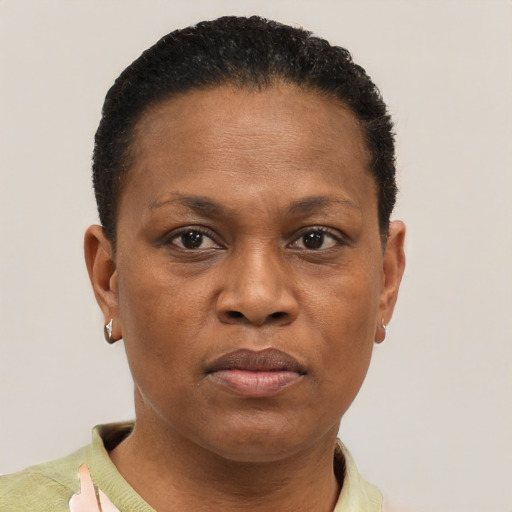 Neutral black adult female with short  brown hair and brown eyes