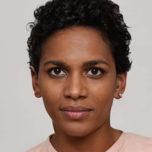 Neutral black young-adult female with short  black hair and brown eyes