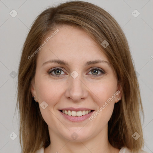 Joyful white young-adult female with medium  brown hair and green eyes