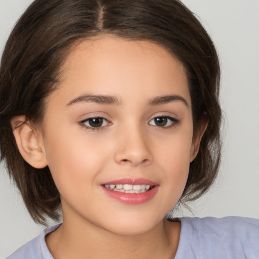 Joyful white child female with medium  brown hair and brown eyes