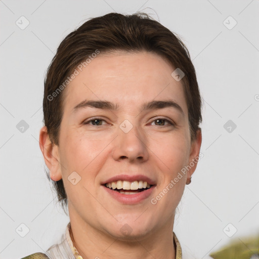 Joyful white adult female with medium  brown hair and grey eyes