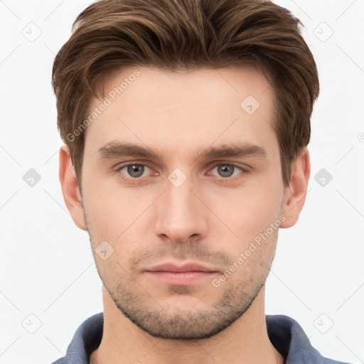 Neutral white young-adult male with short  brown hair and brown eyes