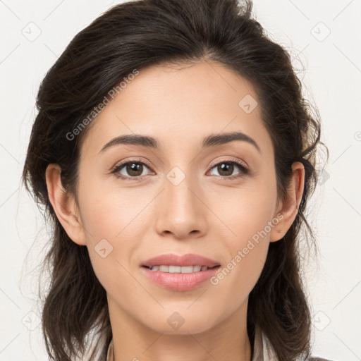 Joyful white young-adult female with medium  brown hair and brown eyes