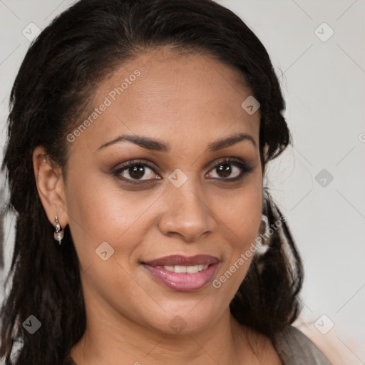 Joyful latino young-adult female with medium  brown hair and brown eyes