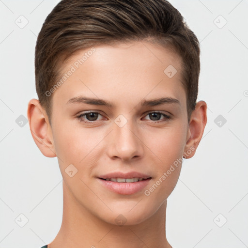 Joyful white young-adult female with short  brown hair and brown eyes