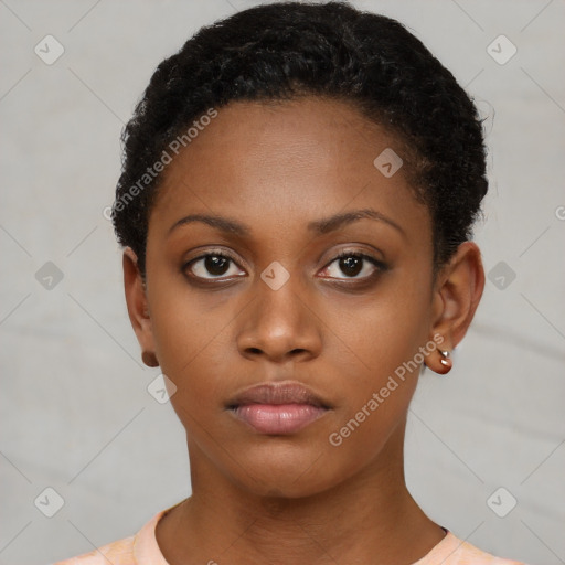 Neutral black young-adult female with short  black hair and brown eyes