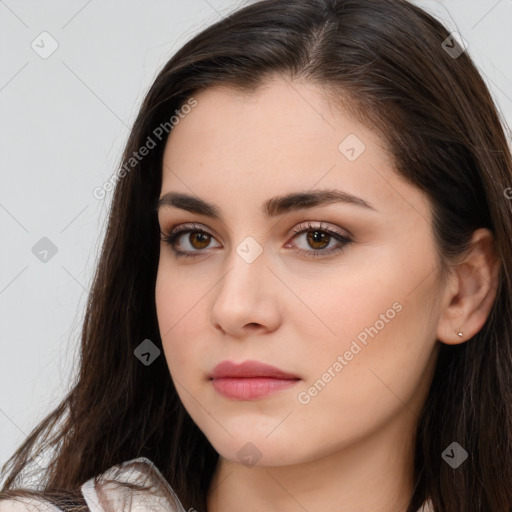 Neutral white young-adult female with long  brown hair and brown eyes