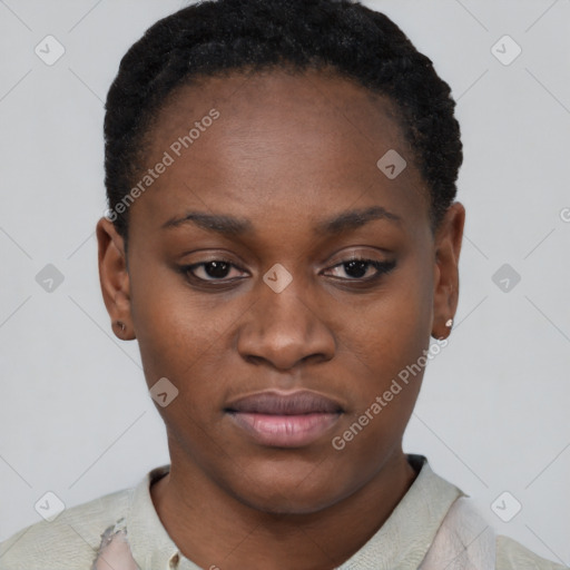 Neutral black young-adult female with short  black hair and brown eyes