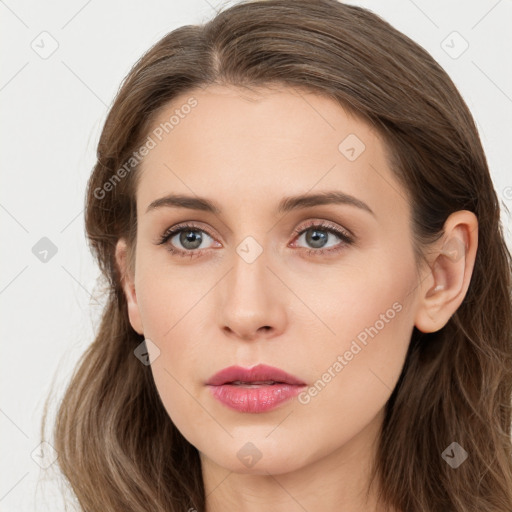 Neutral white young-adult female with long  brown hair and grey eyes