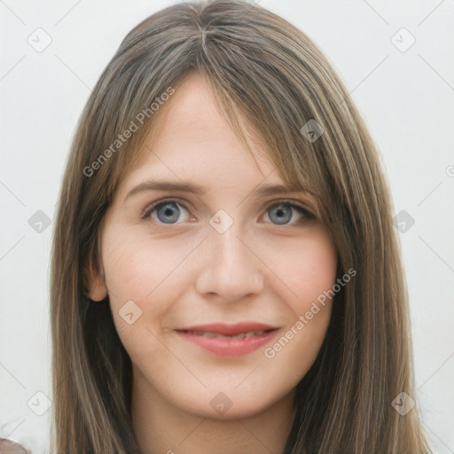 Joyful white young-adult female with long  brown hair and grey eyes