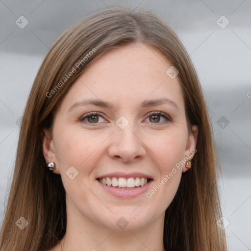 Joyful white young-adult female with long  brown hair and grey eyes