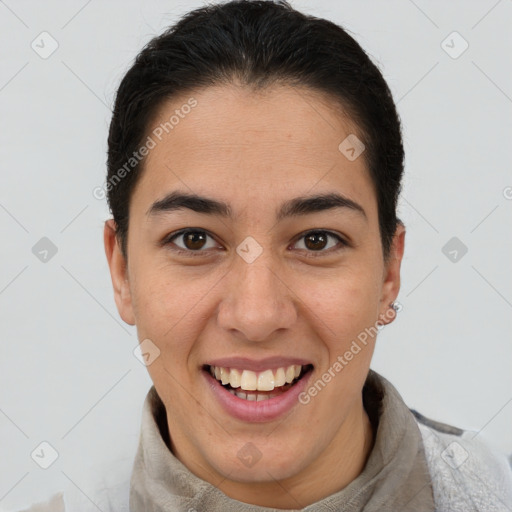 Joyful white young-adult female with short  brown hair and brown eyes