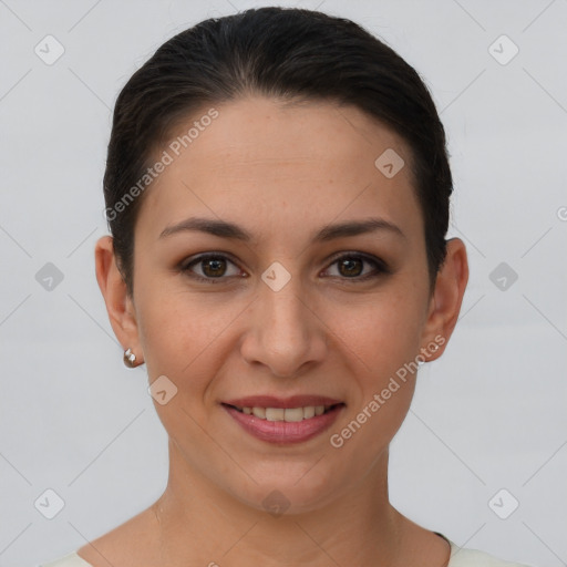 Joyful white young-adult female with short  brown hair and brown eyes