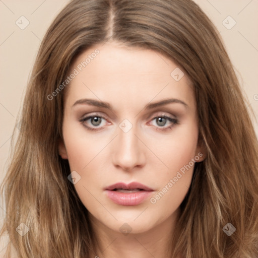 Neutral white young-adult female with long  brown hair and brown eyes