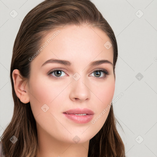 Neutral white young-adult female with long  brown hair and brown eyes