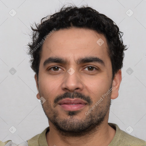 Neutral latino young-adult male with short  black hair and brown eyes