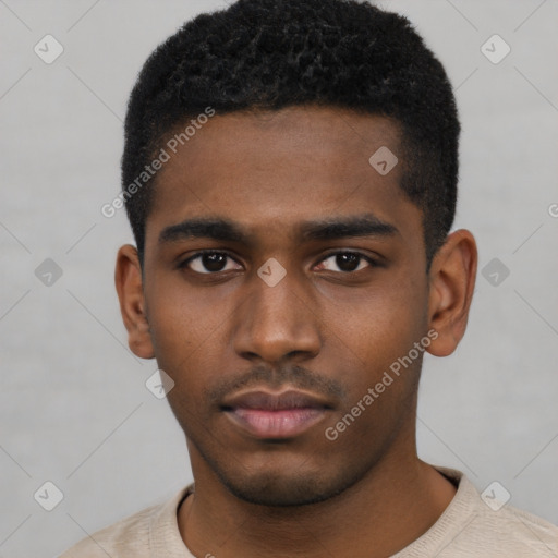 Neutral black young-adult male with short  black hair and brown eyes