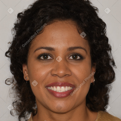 Joyful black young-adult female with medium  brown hair and brown eyes