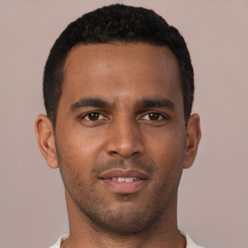 Neutral black young-adult male with short  brown hair and brown eyes