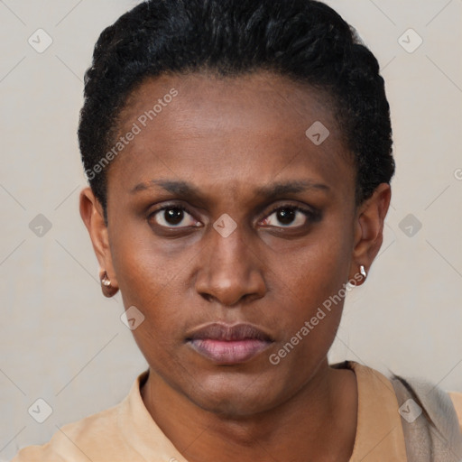 Neutral black young-adult female with short  black hair and brown eyes