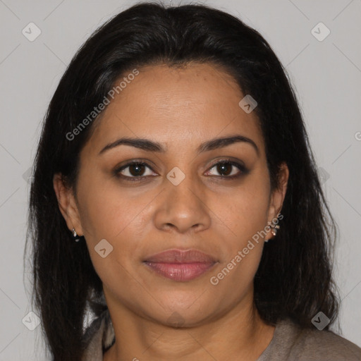 Joyful latino young-adult female with medium  brown hair and brown eyes