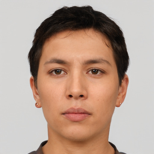 Neutral asian young-adult male with short  brown hair and brown eyes