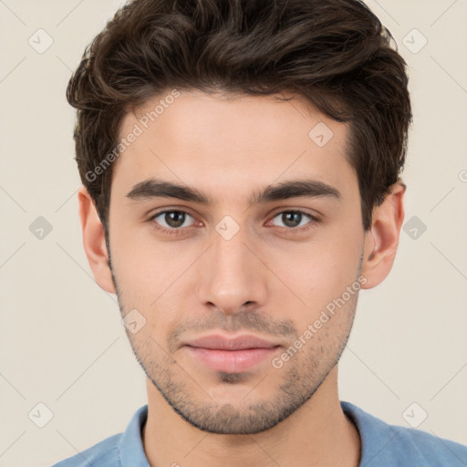 Neutral white young-adult male with short  brown hair and brown eyes