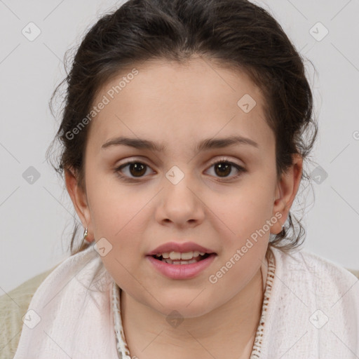 Joyful white child female with medium  brown hair and brown eyes