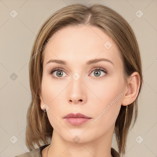 Neutral white young-adult female with medium  brown hair and grey eyes