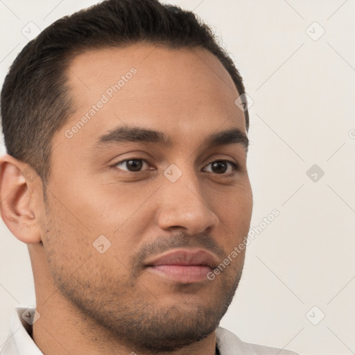 Neutral white young-adult male with short  brown hair and brown eyes