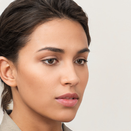 Neutral white young-adult female with short  brown hair and brown eyes